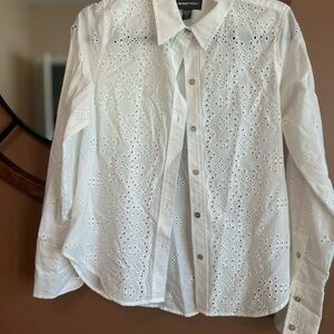 Fifteen Twenty White Eyelet Button Down Long Cuffed Sz S Ptp19